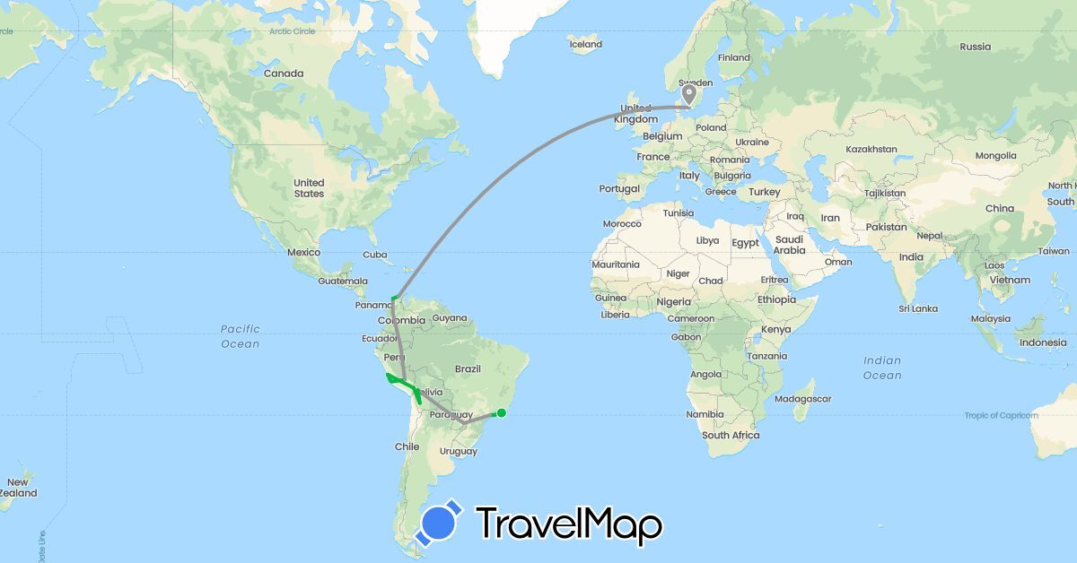 TravelMap itinerary: driving, bus, plane in Bolivia, Brazil, Colombia, Denmark, Peru (Europe, South America)